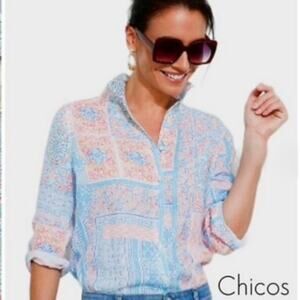 Chico's No Iron Coastal Tile Linen Button Up Shirt Size 12 Casual Travel Summer